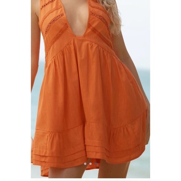 New Anthropologie V-Neck Back-Cutout Mini Dress - Large, Red Orange - Picture 4 of 11